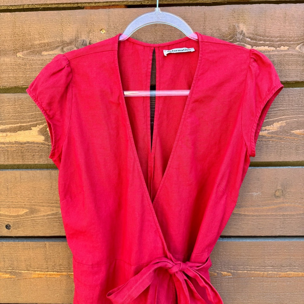 Reformation Rodin Plunge V-Neck 100% Linen Wrap Mini Dress M Red - Picture 2 of 9